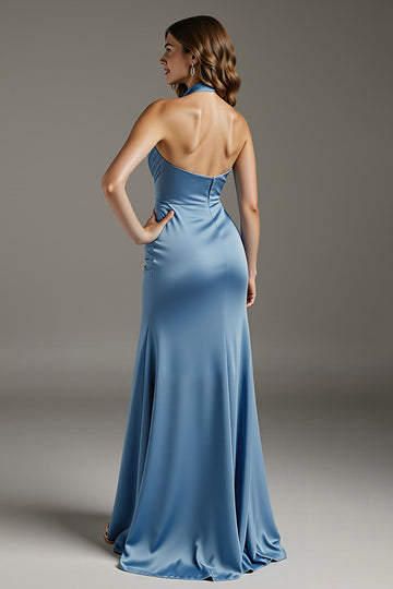 Halter Sky Blue Sheath Ruched Evening Dress